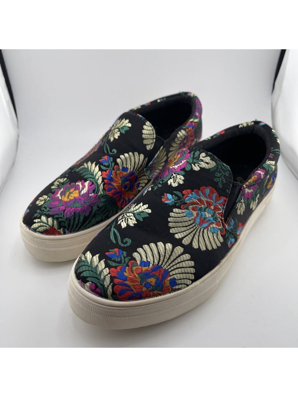 BRASH Women's Size 7.5 Asian Embroidered Floral Black Metallic Slip-On Sneakers